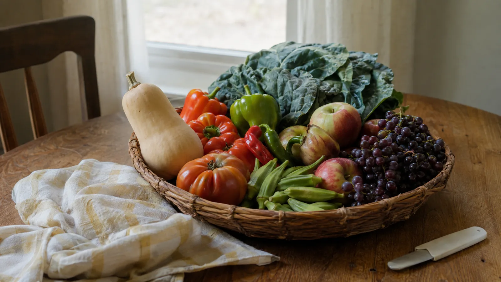 A basket of late-summer Middle Tennessee produce on a kitchen table beside a window